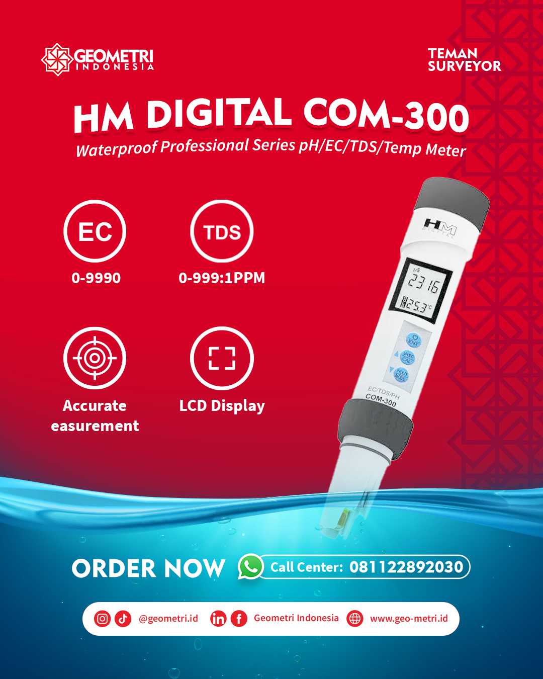 HM Digital COM-300: Alat Ukur pH, EC, TDS & Suhu Profesional untuk Pengujian Air yang Akurat